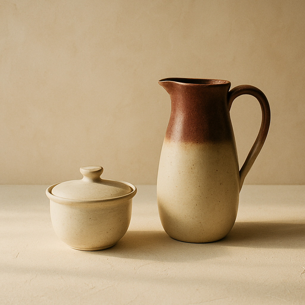 Serene boutique kitchen corner with handmade ceramics in warm morning light